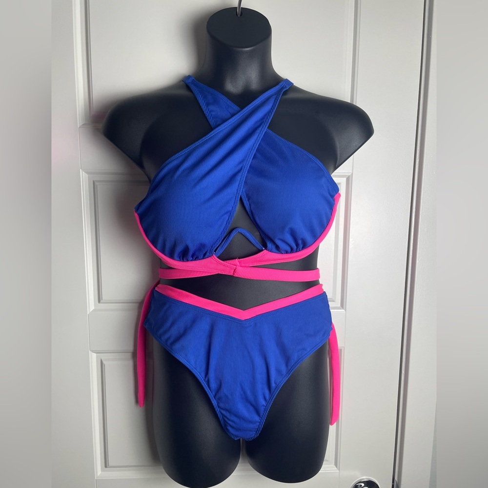 Blue & Pink Ribbed Wrap Bikini Set 2XL High Waisted Colorblock Swimsuit